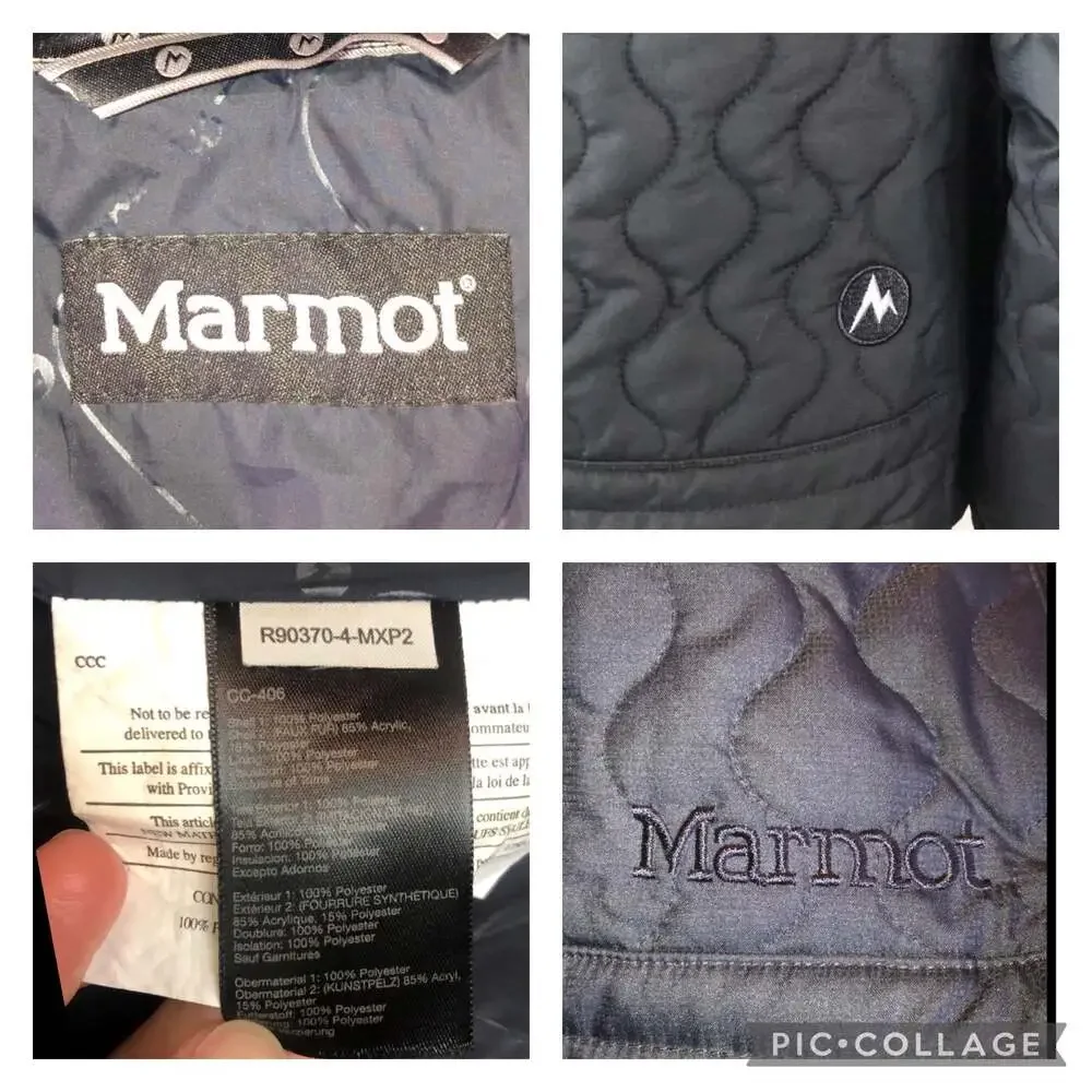 Marmot “St Moritz” Black Quilted Puffer Coat with faux Fur Collar size small